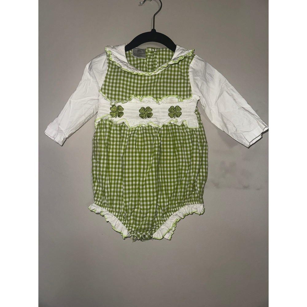Gingham Shamrock Smocked Baby Romper Green White St Patricks Day 18M